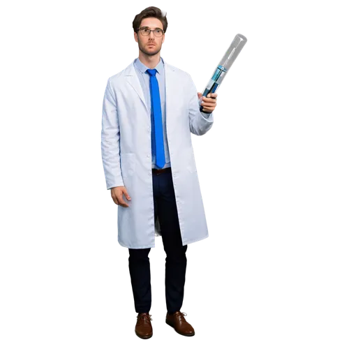 researcher, laboratory scientist, solo, (30yo), glasses, messy brown hair, lab coat, white shirt, blue tie, formal trousers, black shoes, holding test tube, standing, intelligent, serious, realistic, 