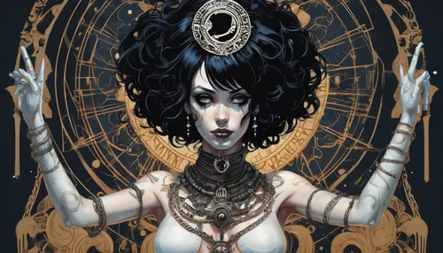 priestess,sorceress,gorgon,tarot,the enchantress,zodiac sign libra,zodiac sign gemini,medusa,cleopatra,transistor,occult,voodoo woman,artemisia,crow queen,biomechanical,gothic portrait,clockmaker,queen of the night,vanitas,gemini,Conceptual Art,Fantasy,Fantasy 01