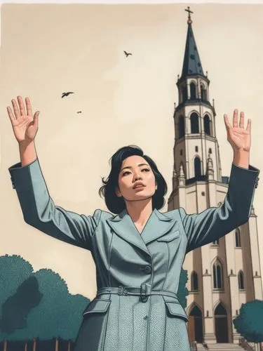 Line drawing of a human female in front of a Berlin church,a woman in front of a church with a hand up to the sky,huaqiu,hontiveros,setsuko,soekarnoputri,laibin,coretta,Illustration,Vector,Vector 03