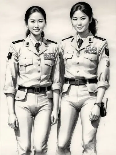 Black and white high resolution drawing: The female soldiers walk side by side and appear relaxed, despite being in a military environment. They exchange warm smiles, showing their close friendship an