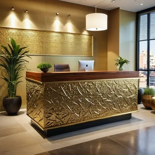 Egyptiqn Style. Create a sleek, modern French reception desk with clean lines and a neutral colour palette. Ensure it has ample space for paperwork and technology while maintaining a clutter-free surf