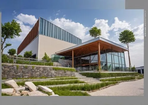 DISEÑO EXTERIOR DE UN RESTAURANT PARA UNA NAVE INDUSTRIAL, TERRAZAS CON MUROS DE PIEDRA, PERSONAS,CESPED, VENTANALES DE CRISTAL AMPLIOS, VISTAS PANORAMICAS, VEGETACION EXUBERANTE,a large building with