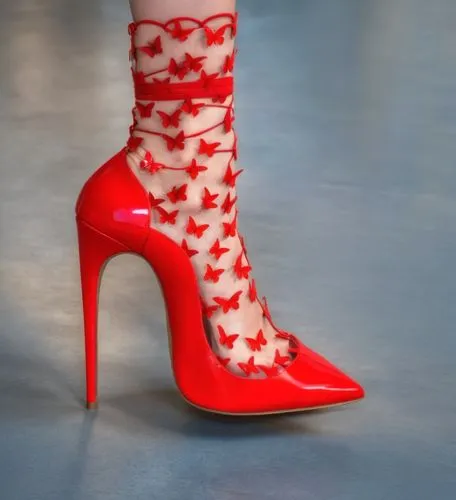 high heeled red shoe that has erflies on it,high heeled shoe,blahnik,stiletto-heeled shoe,red shoes,stack-heel shoe,high heel shoes,Photography,General,Realistic