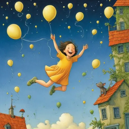 little girl with balloons,flying dandelions,balloons flying,ballon,balloon,flying girl,Illustration,Children,Children 03