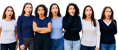 Group of people, shocked expressions, wide eyes, open mouths, diverse ages, casual clothing, varied hairstyles, mixed reactions, some covering faces, others with hands on hips, city square, afternoon 