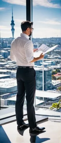 Auckland, male, architectural designer, 30s, short black hair, glasses, beard, white shirt, black trousers, leather shoes, holding blueprints, standing, modern office, large windows, cityscape view, s