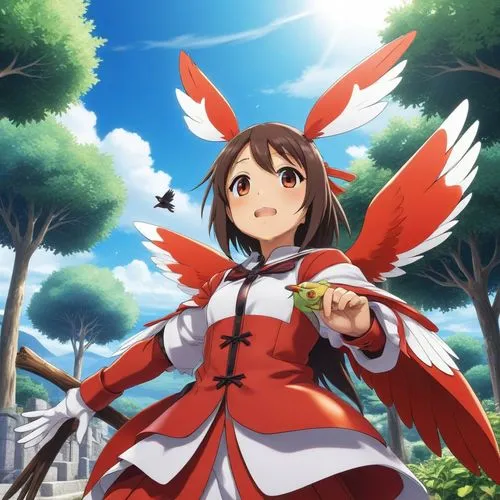 a anime girl in a red and white outfit, holding a piece of green fruit,yuhina,inotera,nightingale,ebina,momiji,kanako