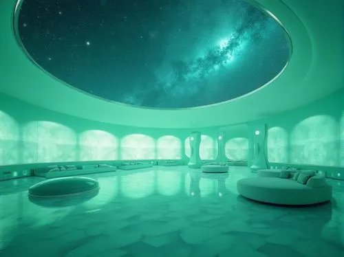 infinity swimming pool,sky space concept,futuristic art museum,ufo interior,water cube,luxury bathroom,bathtub,spaceship interior,futuristic landscape,aqua studio,planetarium,jacuzzis,blue room,bath room,cosmosphere,planetariums,3d render,underwater playground,3d background,underwater oasis,Photography,General,Realistic