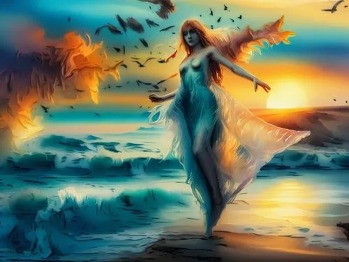 beautiful nude female 35 45 from brazil infront of the sea wave and amazing sunset flying bird above ,the angel is walking on a beach by the sea,fantasy picture,fantasy art,mermaid background,sirene,f