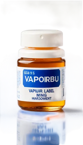 Bottle, Vaporub, blue label, white cap, transparent glass, rounded shape, medicinal product, ointment, healthcare, 3/4 composition, shallow depth of field, soft focus, warm color tone, morning light.,