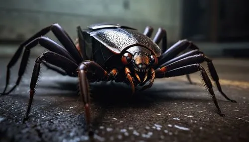 Cockroach spider hybrid, terrifying creature, dark brown carapace, eight beady eyes, razor-sharp fangs, spindly legs, armored body, glossy exoskeleton, eerie glowing markings, abandoned laboratory, di