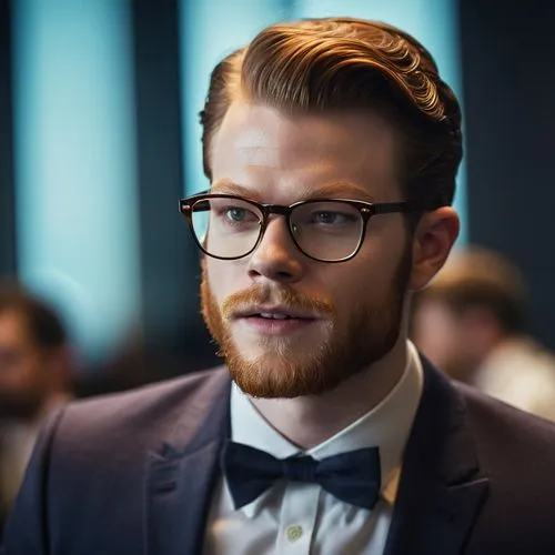 Cameron Monaghan with beard and glasses as businessman,a bearded man wearing a bow tie and black glasses,paulsson,zaytsev,kjetil,magnussen,gudmundsson,gingrichian,Photography,General,Cinematic