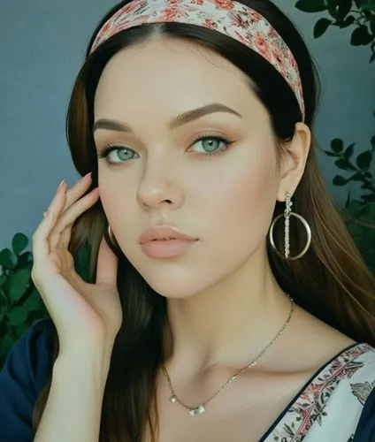 young woman wearing a flowery top and carrying a necklace,bandana,beret,zhenya,bandanna,aspandiyarova,shushenskaya