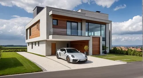 Create an image of a modern home with straight lines and neutral colors. The house is mostly made of concrete but has some details in wood and stone. In the garage, place a beautiful sports car. In th