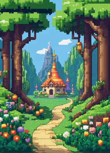 mushroom landscape,fairy village,pixel art,mushroom island,fairy forest,bird kingdom,fairy house,fairy world,forest path,druid grove,cartoon forest,fairy chimney,cartoon video game background,aurora village,fairytale forest,springtime background,home landscape,bee farm,wishing well,forest glade,Unique,Pixel,Pixel 01