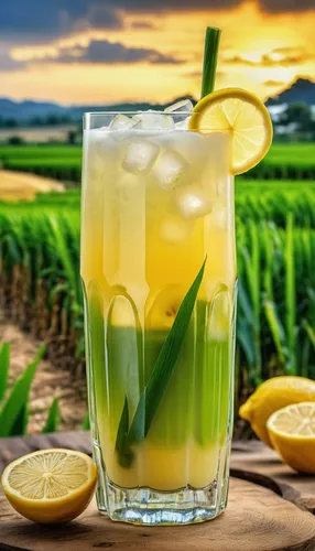 sugarcane juice in a very beautiful unique glass with lemon decoration and icecubes in it with beautiful farm background,caipirinha,caipiroska,barley water,pineapple drink,pineapple cocktail,sugarcane