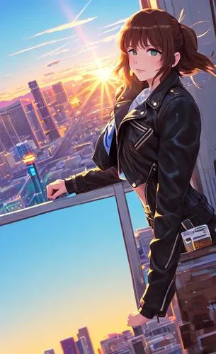 a photography of a beautiful young caucasian girl 23 years old, brown hair, red lips, wearing a black leather jacket stand up at sunset in a street of Las Vegas whit the city as background in 4k,above