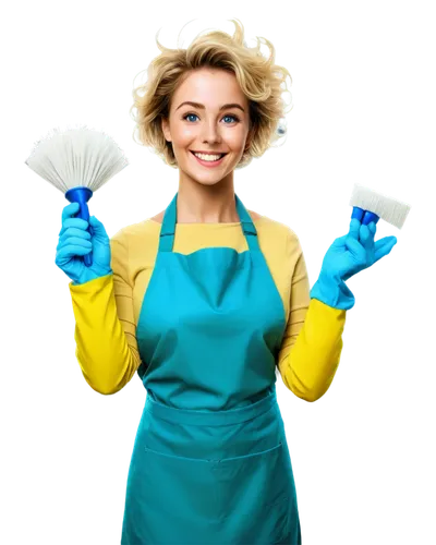 Funny cleaning cartoon, yellow rubber gloves, colorful apron, messy hair, bright blue eyes, cheerful smile, holding mop, bucket with soap bubbles, cartoonish exaggerated expressions, dynamic pose, com