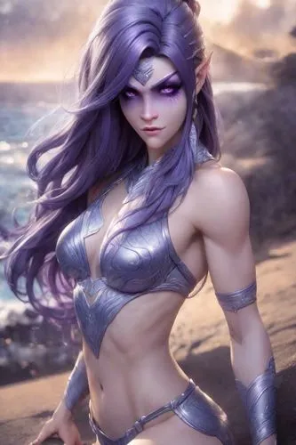 female warrior,dark elf,violet head elf,tiber riven,fantasy woman,purple skin,widowmaker,warrior woman,muscle woman,elza,strong woman,la violetta,precious lilac,violet,abs,amethyst,the sea maid,kos,venera,medusa,Photography,Cinematic