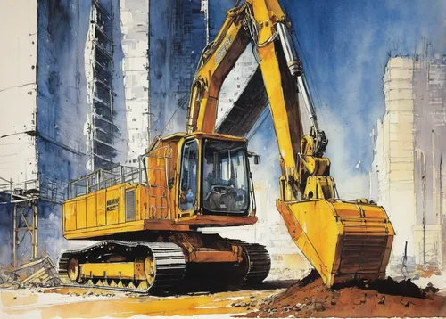 excavator,two-way excavator,excavators,bulldozer,heavy equipment,construction equipment,construction machine,heavy machinery,volvo ec,yellow machinery,demolition work,digging equipment,construction vehicle,backhoe,mining excavator,demolition,excavation,year of construction 1972-1980,rope excavator,excavation work,Illustration,Paper based,Paper Based 12