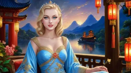 Romantic masterpiece oil painting, cute princess empress girl portrait, nostalgic 1950's style kitsch, breathtaking beautiful oriental kingdom, majestic fantasy Japanese scenery, Ancient Chinese empir