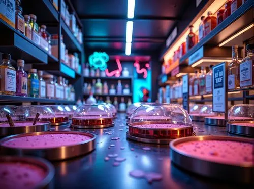 perfumery,neon drinks,neon cocktails,laboratory,neon coffee,chemical laboratory,pharmacy,apothecary,neon tea,reagents,neon light drinks,soap shop,bar counter,perfumers,perfumer,cosmetics counter,laboratories,reagent,chemiluminescence,pharmacopeia