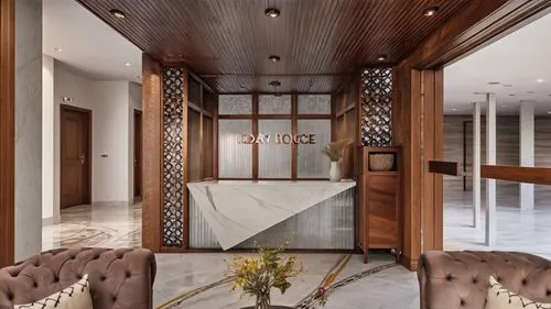 italian marble in floor 

corridor in wooden wainscoating upto dado level 
wood and white colour pallette 
wooden louvers in ceiling 
automated glass door on right side 
outdoor with garden and enhanc