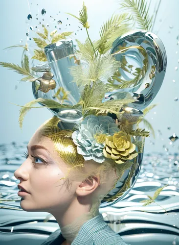 artificial hair integrations,water flower,water lotus,water smartweed,headpiece,image manipulation,photo session in the aquatic studio,cd cover,flower of water-lily,spring crown,water nymph,aquatic plants,under water,fountain head,underwater background,the sea maid,gold foil mermaid,headdress,submerged,aquatic