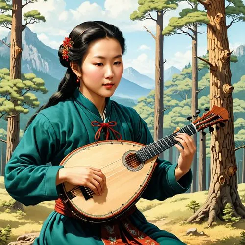 guqin,woman playing,guzheng,chuseok,khokhloma painting,skorean,Conceptual Art,Fantasy,Fantasy 07