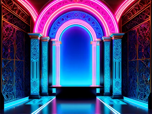 art deco background,portal,portals,doorway,doors,3d background,art deco,metallic door,arches,pillars,gateway,blue doors,the door,arch,hallway,neon light,fractal environment,fractal lights,symmetrical,neon sign,Illustration,Realistic Fantasy,Realistic Fantasy 43