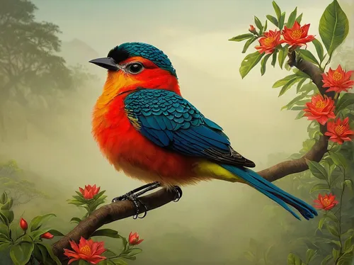 Write a poem about the beauty of birds in the morning mist.,flower and bird illustration,colorful birds,tropical bird,beautiful bird,tropical bird climber,bird painting,nature bird,bird flower,javan t