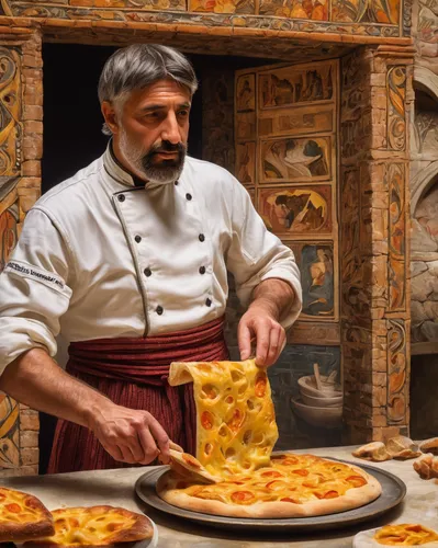 Create a suspenseful scene where a famous chef enters a high-stakes focaccia baking competition.,sicilian cuisine,stone oven pizza,sicilian pizza,pizza supplier,pizza service,brick oven pizza,iranian 