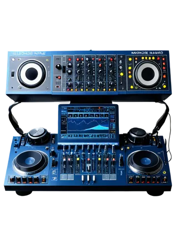 Audio equipment, DJ console, microphone, headphones, mixer, speakers, cables, knobs, buttons, flashing lights, dark blue background, shallow depth of field, high contrast, dynamic composition, warm co