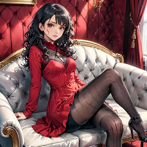 lady in red,sitting on a chair,velvet,nero,diamond red,man in red dress,velvet elke,french valentine,victorian style,red,silk red,azalea,poker primrose,venetia,bright red,ruby red,red bench,elegance,ren,sitting,Anime,Anime,General