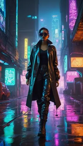 Cyberpunk cityscape, neon lights reflecting off wet asphalt, futuristic skyscrapers, towering holographic advertisements, rainy night, misty atmosphere, lonely figure in trench coat, leather jacket, s