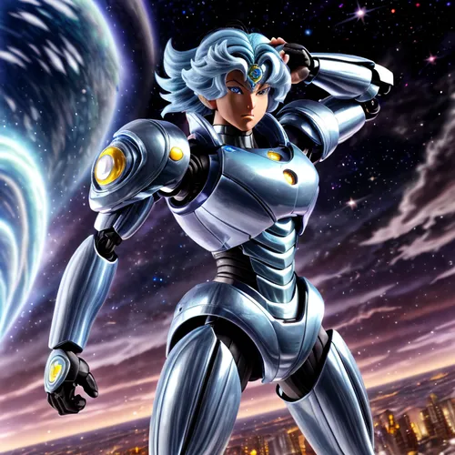 the cartoon robot stands on his hind legs with a city background,silver surfer,xenosaga,sigma,kurumada,tsuneo,cyberstar,steel man,quicksilver,kamehameha,silverbolt,silico,xamot,metron,solidus,oginga,m