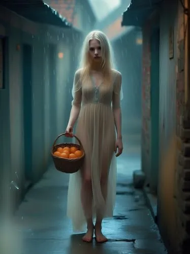 The picture shows a young woman with long, platinum blonde hair standing in a narrow, dark corridor or street. It is raining lightly, creating a gloomy, mysterious atmosphere. The woman is wearing a l