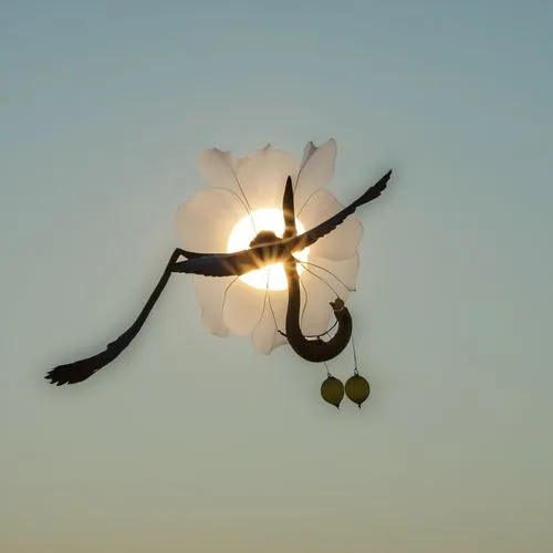 a white flower with a long, thin stem in the center,flower in sunset,kusarigama,spring dragonfly,flying seeds,flying seed,dream catcher,wind bell,suspended leaf,flying dandelions,butterfly isolated,ch