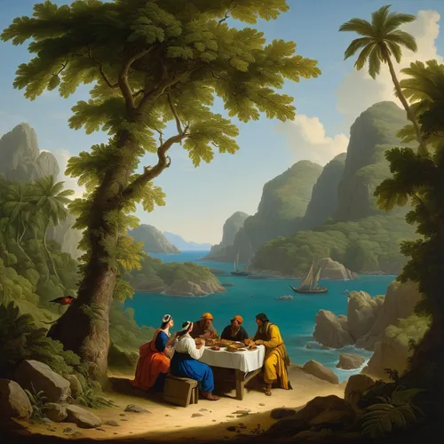 robert duncanson,monkey island,an island far away landscape,breakfast table,gnomes at table,bahian cuisine,haiti,beach restaurant,la palma,islands,coastal landscape,tahiti,jamaica,last supper,mountain scene,school of athens,island group,southern island,holy supper,the caribbean,Art,Classical Oil Painting,Classical Oil Painting 33