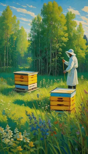 Painting of apiary in sun and tall grass with beekeeper in background.,beekeeping,beekeepers,beekeeper,bee keeping,apiary,bee-keeping,bee farm,beehives,bee colonies,bee colony,honey bees,bee hive,bees