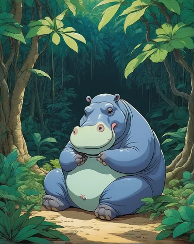 Imagine a peaceful hippo meditating under a tree in a serene jungle setting.,bulbasaur,hippopotamus,studio ghibli,my neighbor totoro,hippo,giant frog,stitch,true toad,ori-pei,protect,strohbär,cane toa