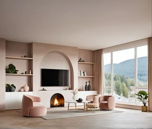 The image shows a modern living room with a curved wall, a fireplace, a flat-screen TV, and a warm color scheme. and large window
,a room with many furniture and a big window,mahdavi,minotti,fire plac