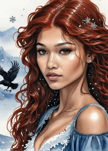 (zendaya:1.4) painting of a woman with long red hair, snowy moor, by Arabella Rankine, among the ravens, deep emotions, storybook style inspired by John Eyre, messy haircut, housewife, blue dress, red