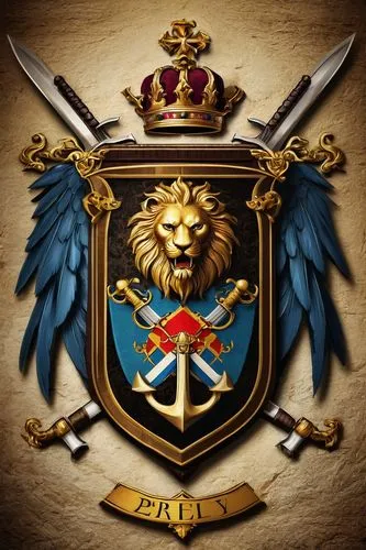 Online coat of arms generator, medieval-inspired, ornate frame, intricate details, shield with quarterly divisions, lion and eagle emblems, crossed swords and anchors, golden accents, bold fonts, fami