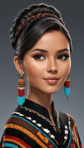 young woman mexican aborigine with mexican bead earrings, beautiful, wearing woolen alpaca black and brown poncho, elegant, medium straight hair, detailed earrings, beautiful detailed eyes, beautiful 