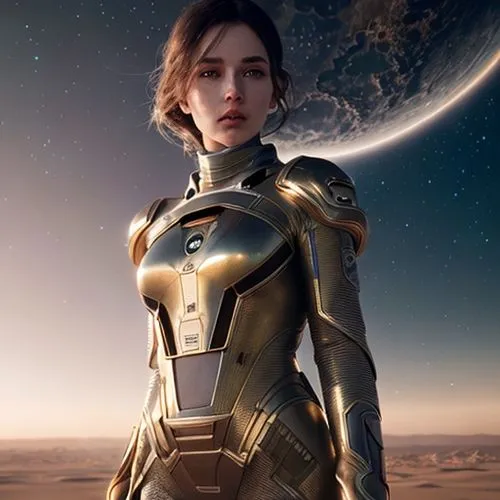 pale and flawless skin, haute couture space suits made of dark-toned metallic materials, The desert at dawn,valerian,nova,io,captain marvel,andromeda,ironman,jaya,c-3po,iron man,mary-gold,head woman,a