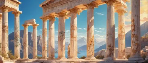 greek temple,pillars,columns,acropolis,celsus library,doric columns,ephesus,pillar capitals,roman columns,baalbek,palmyra,delphi,celsus,akropolis,capitolium,artemis temple,pillar,three pillars,ancient city,temple of poseidon,Conceptual Art,Graffiti Art,Graffiti Art 09