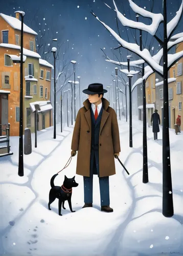 snow scene,dog illustration,boy and dog,winter animals,overcoat,christmas carol,winter background,red nosed pit bull,the snow falls,snowstorm,black coat,the cold season,book illustration,russian winter,christmas snowy background,girl with dog,passepartout,the snow,snowfall,dog cartoon,Art,Artistic Painting,Artistic Painting 29