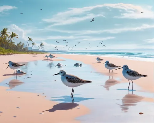 Describe a serene setting with shorebirds resting peacefully on the shoreline.,shorebirds resting,sea birds,sanderlings,crested terns,small wading birds,silver gulls,sandpipers,bird painting,sea gulls