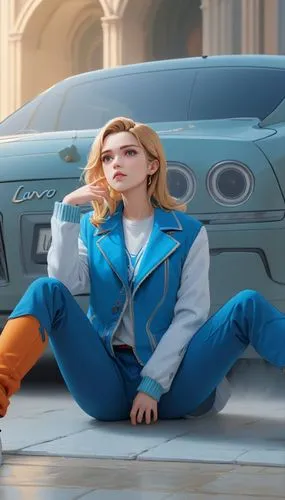 a woman sitting in front of a blue sports car,girl and car,pepsu,car model,hyoty,kimbundu,hyundai,Anime,Anime,General